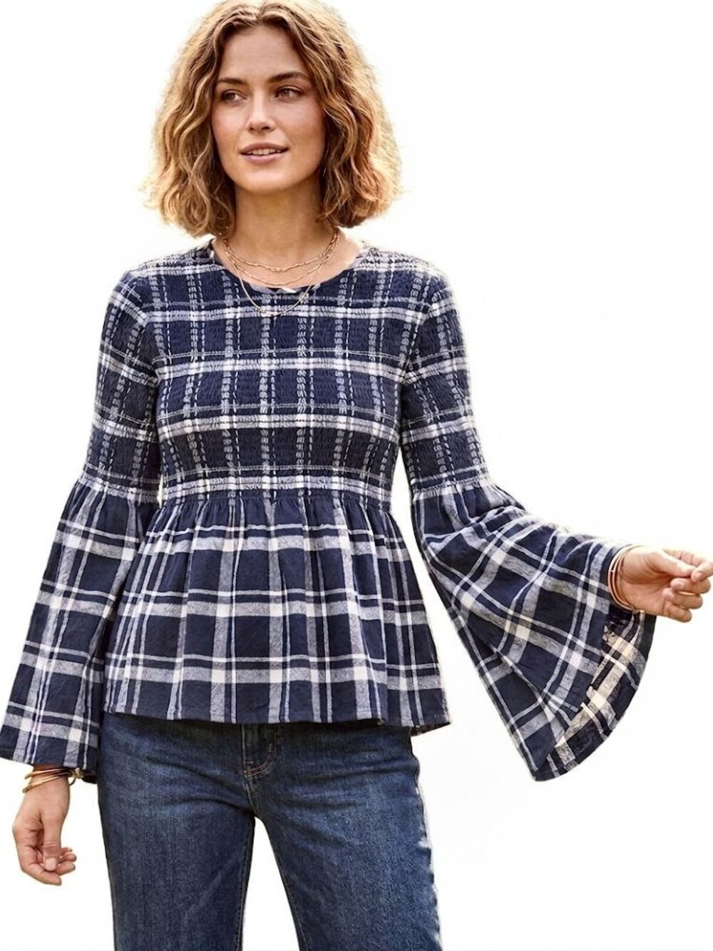 Caslon Plaid Smocked Peplum Top, Navy & White, Womens Size XS